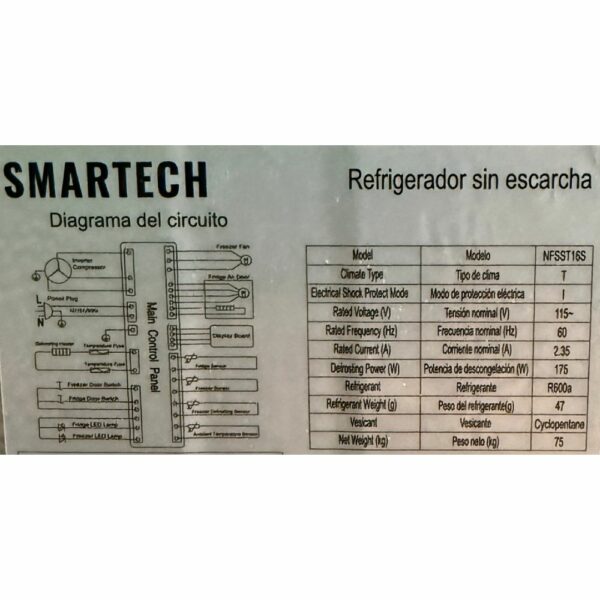Ficha tecnica - Nevera inverter side by side smartech 16 pies cubicos acero inoxidable tipo libro
